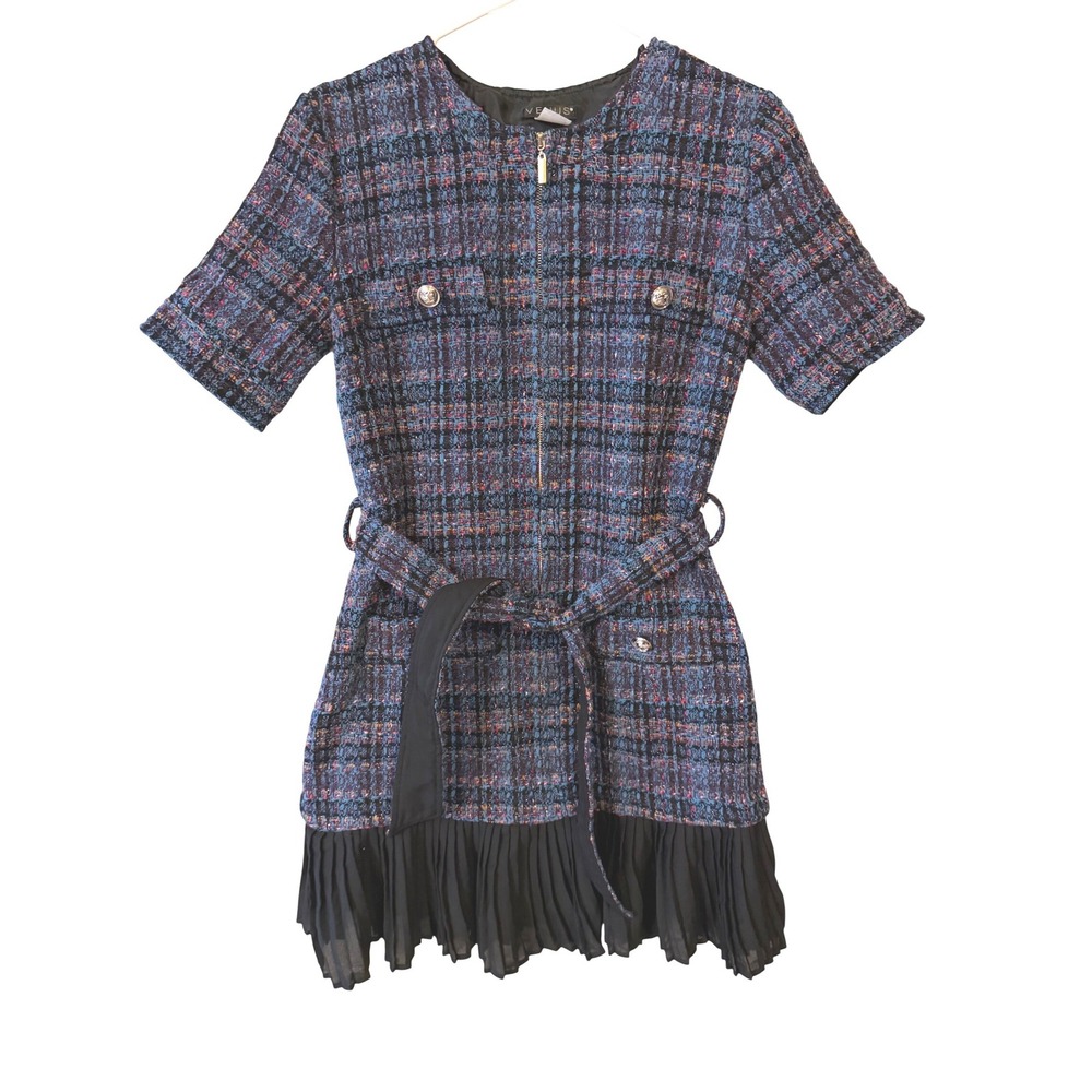 Venus Blue Tweed Plaid Mini Dress Short Sleeve Belted Pleated Hem Academia Prep6